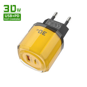 30W USB+Type C Quick Charge Phone Charger EU/US/UK Plug Wall Charger Mini Portable Crystal Transparent Shell Travel Charger Adapter
