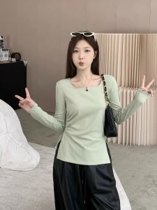 พลัสไซส์ เสื้อยืดแขนยาวผู้หญิง ฤดูใบไม้ร่วง เอว สลิมฟิต ไหล่ เชือกรูด ด้านข้าง ผ่าชาย ลำลอง กํามะหยี่ ผ้าฝ้าย ผู้หญิง เสื้อ