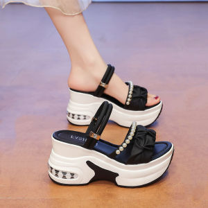 DIANCHA | Thick Sole Wedge 9cm Small Size Slippers Pearl Decor