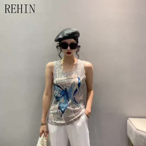 REHIN Womens T-shirt Sleeveless Knit Vest with Breathable Skin-Friendly Fabric and Unique Print Pattern Slim fit S-3XL PLUS size for Summer Fashion Tops