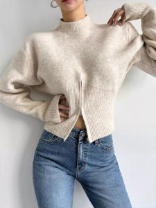 Chic Autumn Loose Fit Long Sleeve Zipper Design round Neck Knitwear Pure Color Womens Fashion Casual Breathable Comfortable