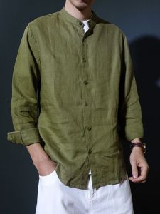 ผู้ชายผ้าลินินบริสุทธิ์เสื้อบางส่วนแขนยาว Casual Retro ล้างทําความสะอาดได้ Breathable ดูดซับความชื้นแฟชั่น City ชุดเยาวชน