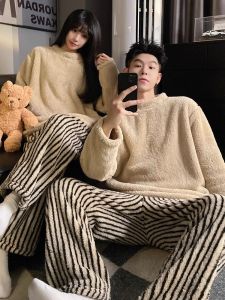 Couples Winter Pajamas Thickened Coral Fleece Flannel Home Clothes Long Sleeve Sleepwear for Men And Women Suitable for Outdoor
