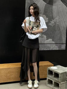 Fashionable Printed Short Sleeve T-Shirt And Skirt Set Womens Summer Ins Polyester Fiber Long Pants round Neckline Hooded Coat