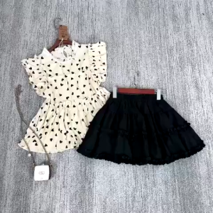 QC_Set tiểu thư mặc hè đồ thiết kế áo Cotton Lạnh in tim phối chân váy Lụa ngắn nhún tầng xinh