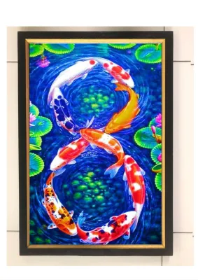 Hiasan dinding cetak gambar lukisan 9 ikan koi plus bingkai uk 35x52cm