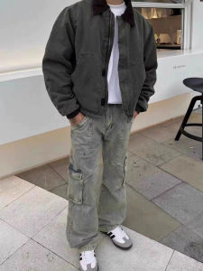 กางเกงยีนส์ทรงหลวมสไตล์อเมริกันย้อนยุคสำหรับผู้ชาย กางเกงยีนส์ทรงตรงลำลองฤดูใบไม้ผลิและฤดูใบไม้ร่วง กางเกงยีนส์ทรงทำงานแบบมีกระเป๋าหลายช่อง