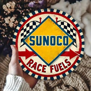 1pc Vintage Sunoco Race Fuels Round Aluminum Sign - Retro Checkered Wall Art for Office Room or Club Decor Ideal Holiday Gift