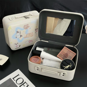 Large Capacity Cosmetic Bag Portable Travel Handbag with Mirror Cute Print Storage Box for Skin Care Products Cartoon Theme
