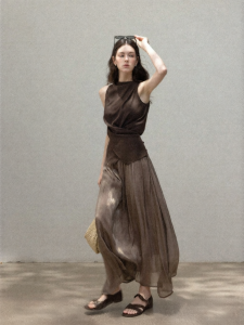 Cantonstory | French Beige High-Waist Flowy A-Line Mid-Length Skirt