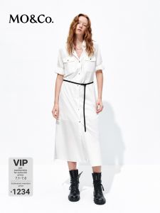 MO&Co. | Cotton Summer Shirt Dress with Turned-up Sleeves Lined and Belt Included