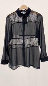 Korea Woman Summer Lace Panel Collar Button Long Sleeve Blouse