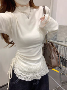 Elegant Lace Wood Ear Edge Half High Neck Long Sleeve T-Shirt