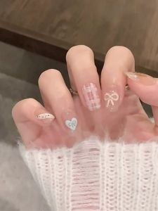 Cute Watercolor Childrens Wearable Nails Short Style Student Nail Art Kit Full Set Nail Stickers Finished Product