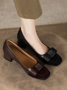 French Style Color Block High Heels Womens Spring Autumn New Leather Thick Heel Butterfly Knot Retro Medium Heel Single Shoes
