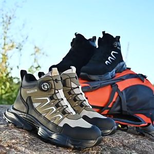 J MALL Safety Shoes Medium-Cut Anti-Smashing Anti-puncture steel toe cap with Rotating Button protection work shoes - 852 (KHAKI)