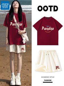 Jeanswest Womens Short Sleeve Shorts Set Summer 2025 Loose Fashionable Age-defying One-piece Cotton round Neck Casual Sportswear