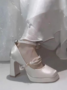 French Pearl Mary Jane รองเท้าส้นสูงกันน้ําแพลตฟอร์มรองเท้าแต่งงานหนาด้านล่างจัดเลี้ยงดื่มพิธีรองเท้าสไตล์เจ้าหญิง