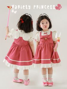 Adorable Loli Dress for Girls with Butterfly Knot Bubble Shoulder Sleeves Sweet Lace Trim Cotton Blend Casual Princess Skirt