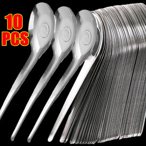10ชิ้นช้อนส้นแบนสแตนเลสเครื่องครัวด้ามยาวช้อนขนมหวานที่บ้านสาธารณะช้อนอุปกรณ์ทำอาหารโต๊ะอาหาร
