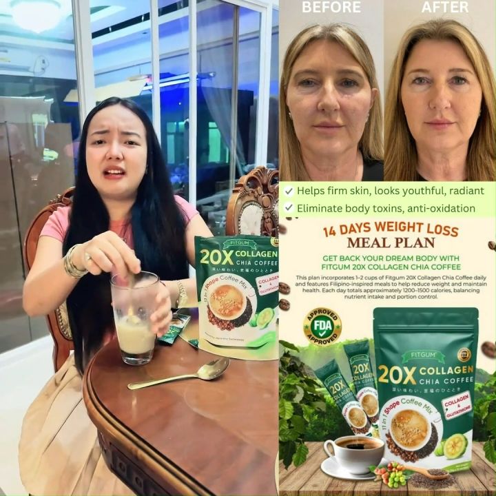 FITGUM 20X Collagen Chia Coffee With Glutathione For Weight Loss Skin Whitening Organic Coffee Mix