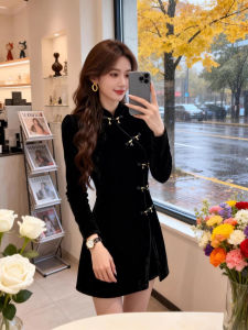 DUOMIAOTU | Autumn Winter New Chinese Style Elegant Velvet Dress