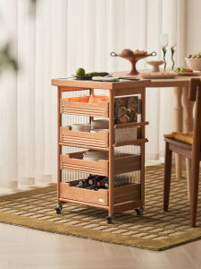 Solid Wood Trolley Rack Sofa Side Table Movable Side Table Cherrywood Dining Car Study Side Cabinet Kitchen Storage Rack