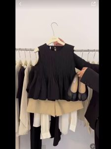 French Sweet Pleated Ruffle Hem Doll Shirt Vest Top Women Summer Vintage Loose Shorts Two Piece Set Female Fashion Ensemble