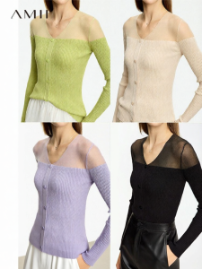 AMII | Ice Silk & Organza V-Neck See-Through Mock Button Sweater