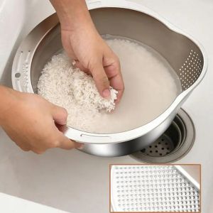 Rice Washer Strainer Bowl Multi-use 4-in-1 Washing Bowl for Quinoa Stainless Steel Rinser with Side Drainers Small Colander for Cleaning Fruits Vegetables and Beans Versatile Kitchen Tools