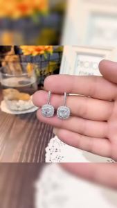Huitan Nữ Bông Tai Dangle Pha Lê Cubic Zirconia Bạc Hình Học Thời Trang Trang Sức Cưới