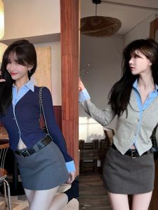 Áo Thun Hai Mảnh Màu Tương Phản Phong Cách Đại Học JUST CC Thiết Kế Áo Sơ Mi Nữ Dài Tay Thường Ngày Mùa Xuân 2024