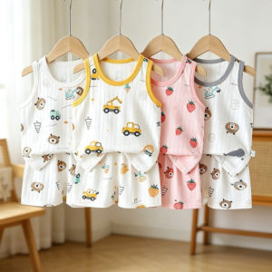 Sonkpuel | Kids Summer New 2-Piece Set Boys Girls Cute Cartoon Print Sleeveless Tops Shorts 1-5 Years Old Children Clothes Suit Baby Vest
