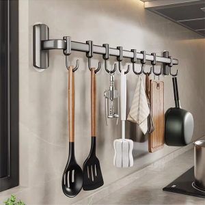 ​Premium Space Aluminum Wall Mounted Kitchen Hooks - No Drill Hanging Rail for Spatula Spoon Utensils Heavy Duty Stick-on Organ