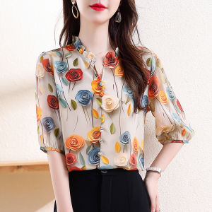 Yige 2024 mùa hè mới giữa tay auricularia giáp lụa dâu tằm phân mảnh áo hoa thời trang lão hóa Áo sơ mi thanh lịch cho phụ nữ