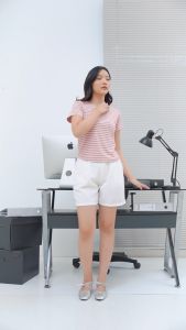 QUEENTIN Kaos Wanita Casual 1041 Katun Spandex Motif Salur Lengan