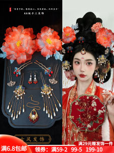 Han Dynasty Tang Style Rich Peony Grenadine Barrettes Tassel Hairpin Dangling Ornament Headwear Chinese Ancient Style Forehead Diamond Suit Combination Female