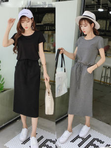 French Vintage High Waist Slit Casual Black Dress Summer Short Sleeve Midi Dress Loose Waist Cotton Blend Comfortable Dress