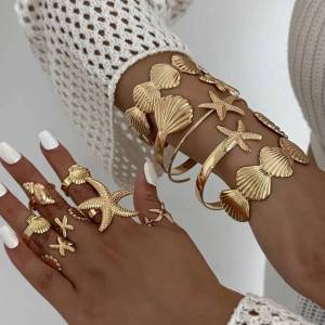 IngeSight.Z 12Pcs/Set Exaggerated HipHop Starfish Scallop Open Cuff Bangle Ring Women Irregular Bracelet Beach Party Jewelry Set