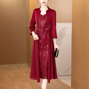 Noble Wine Red Mother-in-Law Clothing 2024 New Arrival Xi Ladieswear Wedding Reception Clothes Wedding Dress Fake Two-Piece Costume Autumn