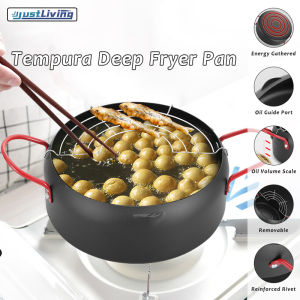 JustLiving 22cm Japanese Tempura Deep Fryer Pan Kitchen Mini Fryer Thickened Material Non-stick Fried Food Kitchen Frying Pot Deep Fryers Tempura Fryer Pan with Oil Filter Rack