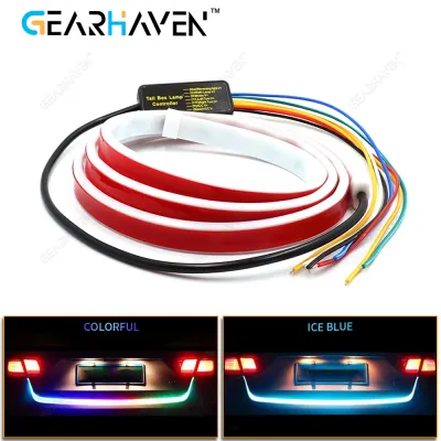 แถบไฟท้ายรถยนต์12V RGB แถบกระโปรงท้ายรถด้านหลังไฟท้ายไดนามิกสตรีมเมอร์แถบไฟเตือน LED ย้อนกลับไฟสัญญาณเลี้ยวเบรครถยนต์