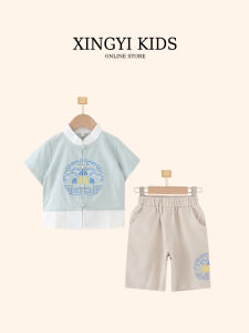 Boys Cotton Linen Short Sleeve Childrens Hanfu One-Year-Old Birthday Clothes Summer Outfit Garden Clothes Set Vintage Style