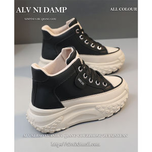 High-Top Womens Sneakers Fashionable Thick Bottom Heightening Sports Shoes Korean Style Cross-Buckled Waterproof Platform Color Block