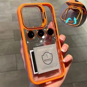 รุ่นใหม่ เคสไอโฟนแบบใส พร้อม ฟิล์มเลนส์และขาตั้ง สำหรับ iPhone 15 14 13 12 11 Pro Max Promax 2024ชุบกันกระแทก เคสมือถือส่งจากไทย เคสไอโฟนผู้ชาย เคศวงเล็บฟิล์มเลนส์ พร้อมขาตั้ง