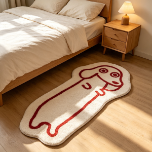 VIKAMA Long Cartoon Cat Bedside Rug Minimalist Line Drawing Plush Non Slip Floor Mat Cute Animal Carpet Bedroom Home Decor