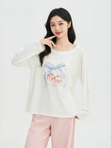 SANFU | Cherry Cute Pattern Lace Off-Shoulder T-Shirt