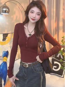 Warm American Style V-Neck Base Shirt Womens Autumn Winter Slim Fit Short Unique Inner Wear T-Shirt Commute Long Sleeve Regular Length