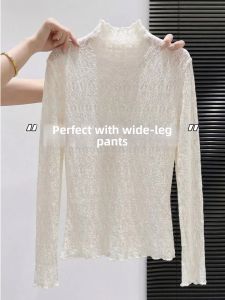 GEBOFU | Lace Semi-High Collar T-Shirt with Lace Trim Long Sleeve for Layering