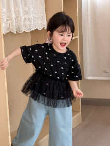 2026 New Spring Girls T-shirt Children Clothes Tops 2-7T Thin Korean Baby Mesh Bottoming Shirt Sweet Bow Kids Short Sleeve